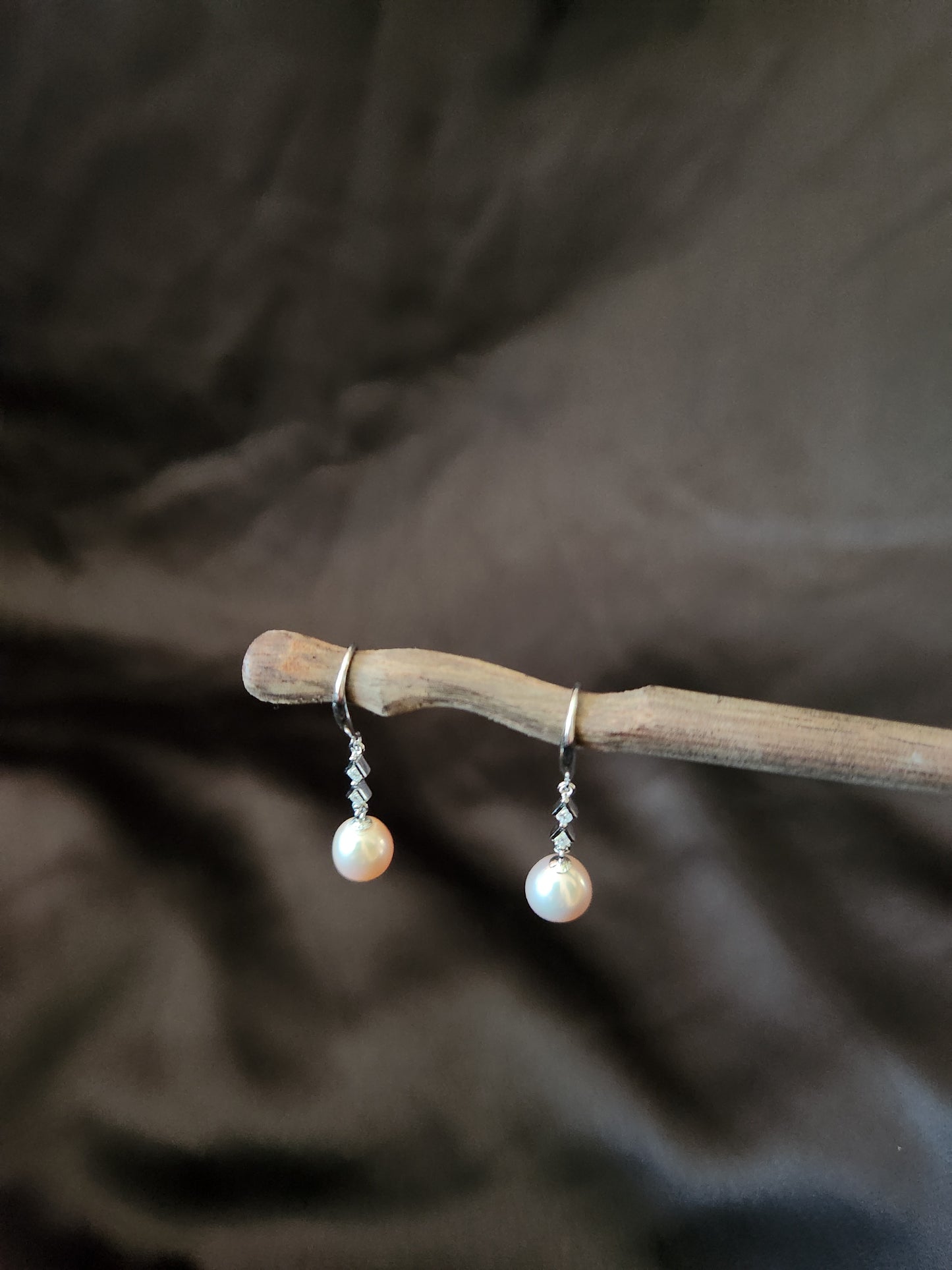 Pearl Earrings, CZ setting - Pear Shaped, Metallic Hue